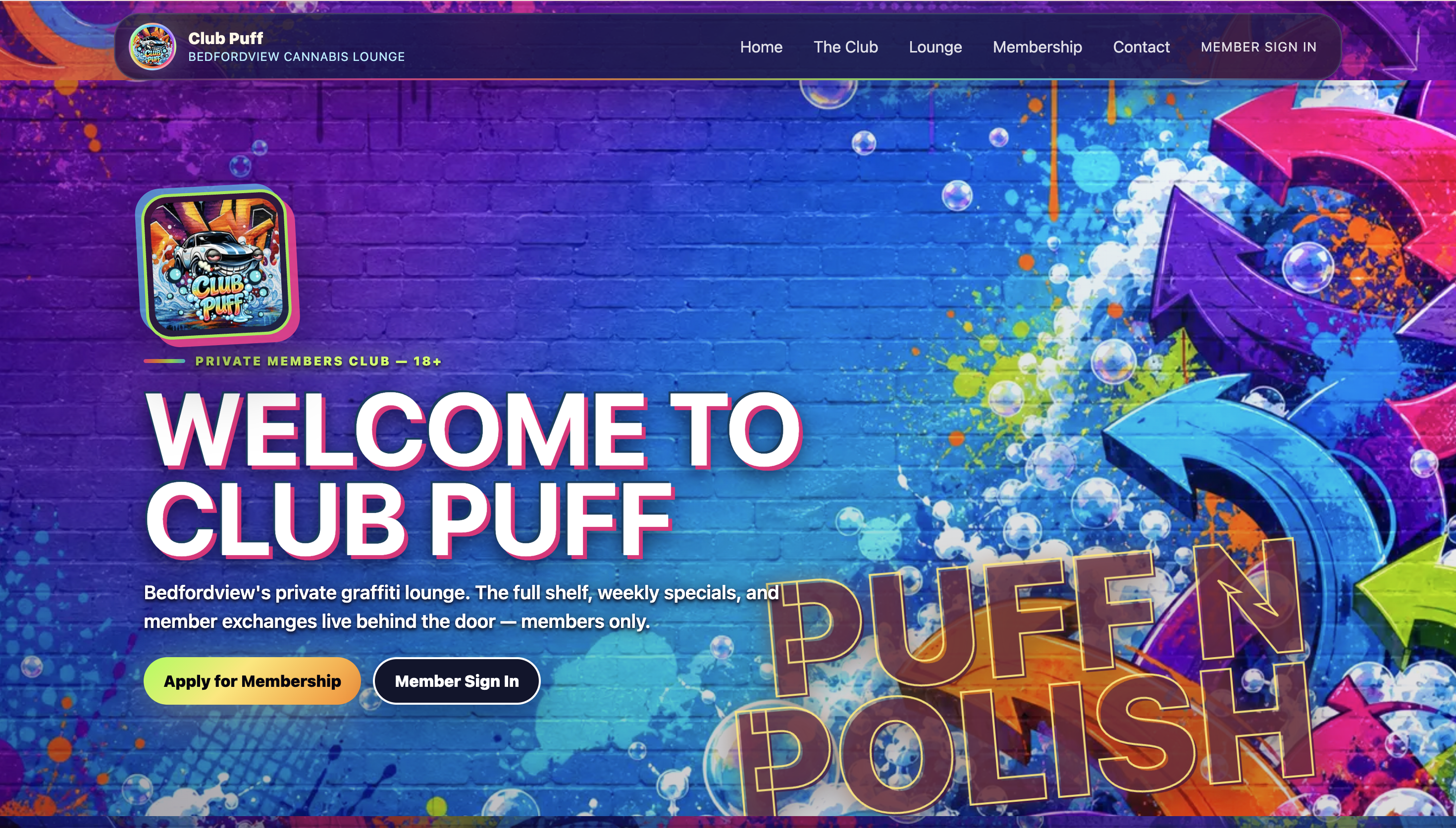 Club Puff website. Cannabis · Private Membership. Built by SolveX Systems.